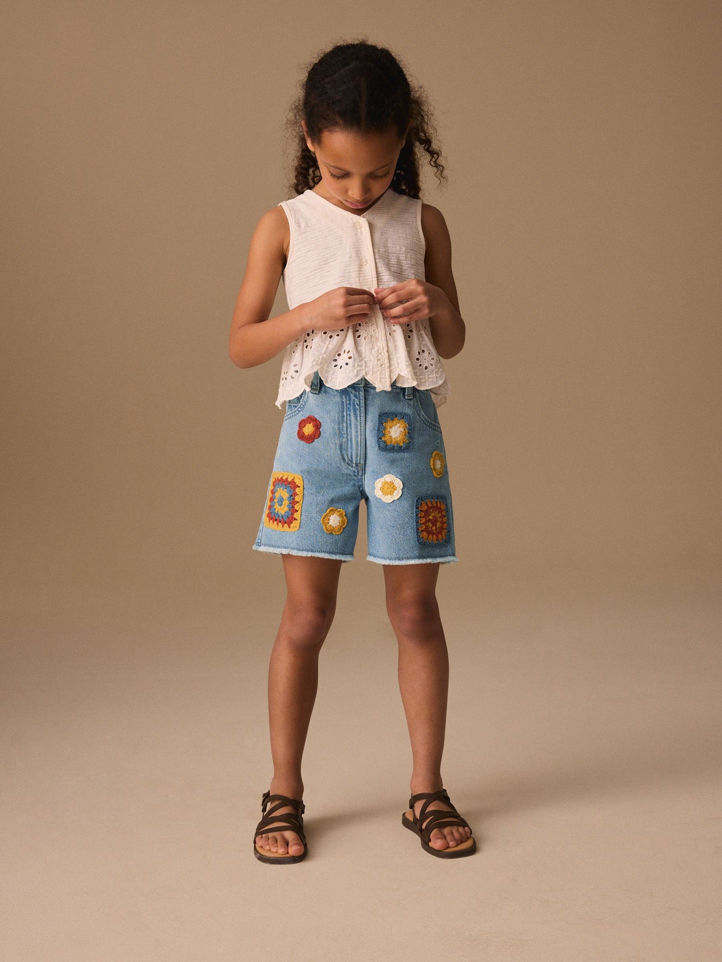 Dsiney Kidz - Mid Blue Denim Crochet Applique Crochet Denim Shorts (3-16yrs) image 2