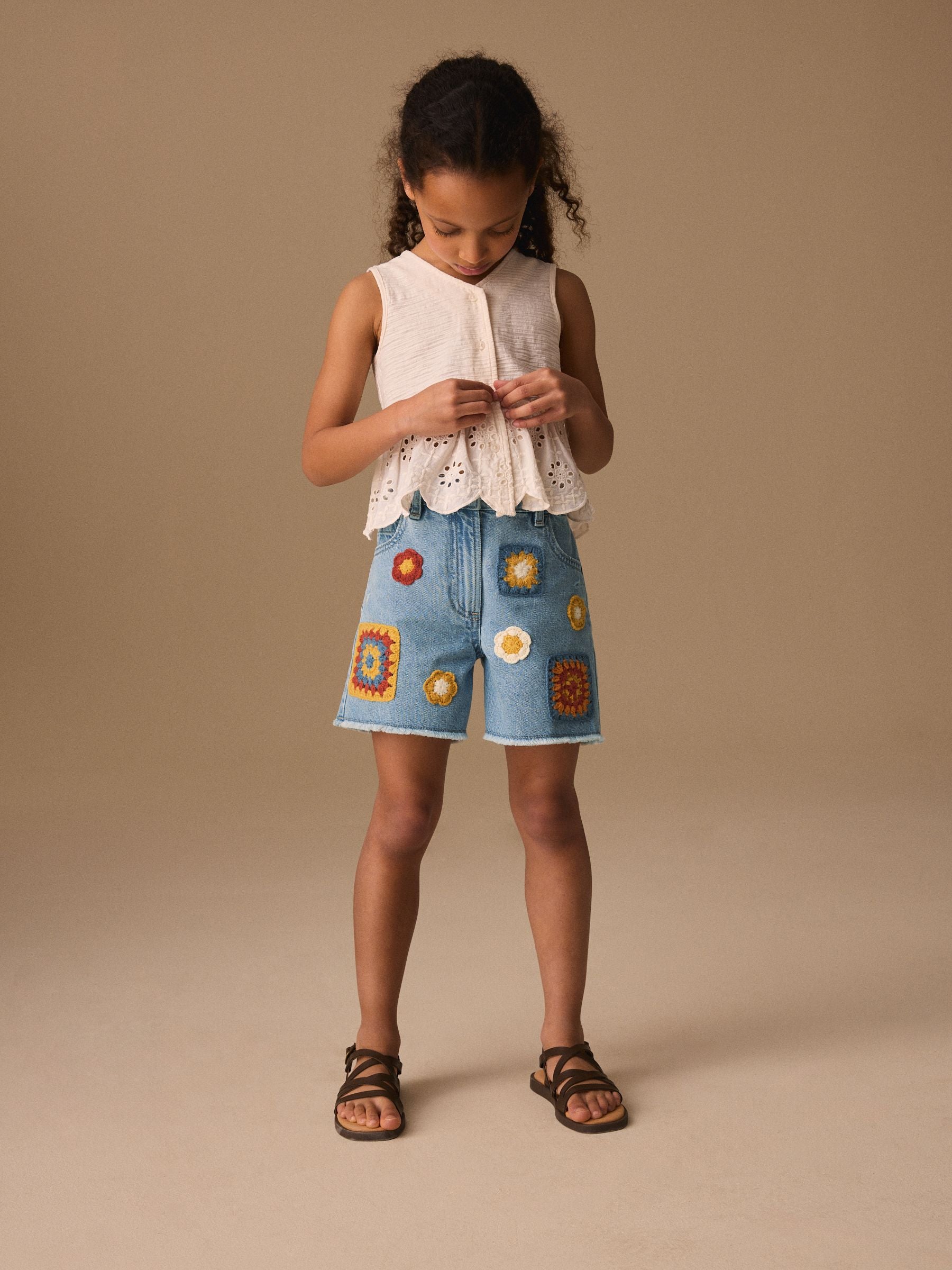 Dsiney Kidz - Mid Blue Denim Crochet Applique Crochet Denim Shorts (3-16yrs) image 2
