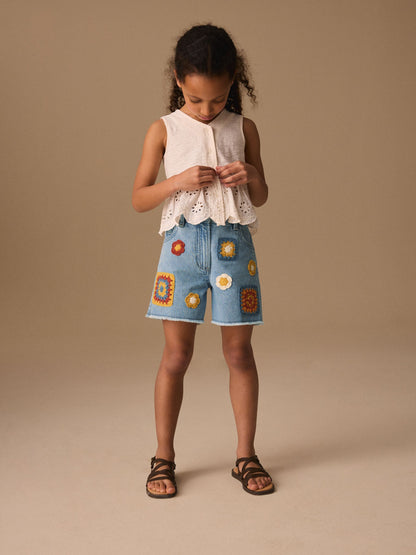 Dsiney Kidz - Mid Blue Denim Crochet Applique Crochet Denim Shorts (3-16yrs) image 2
