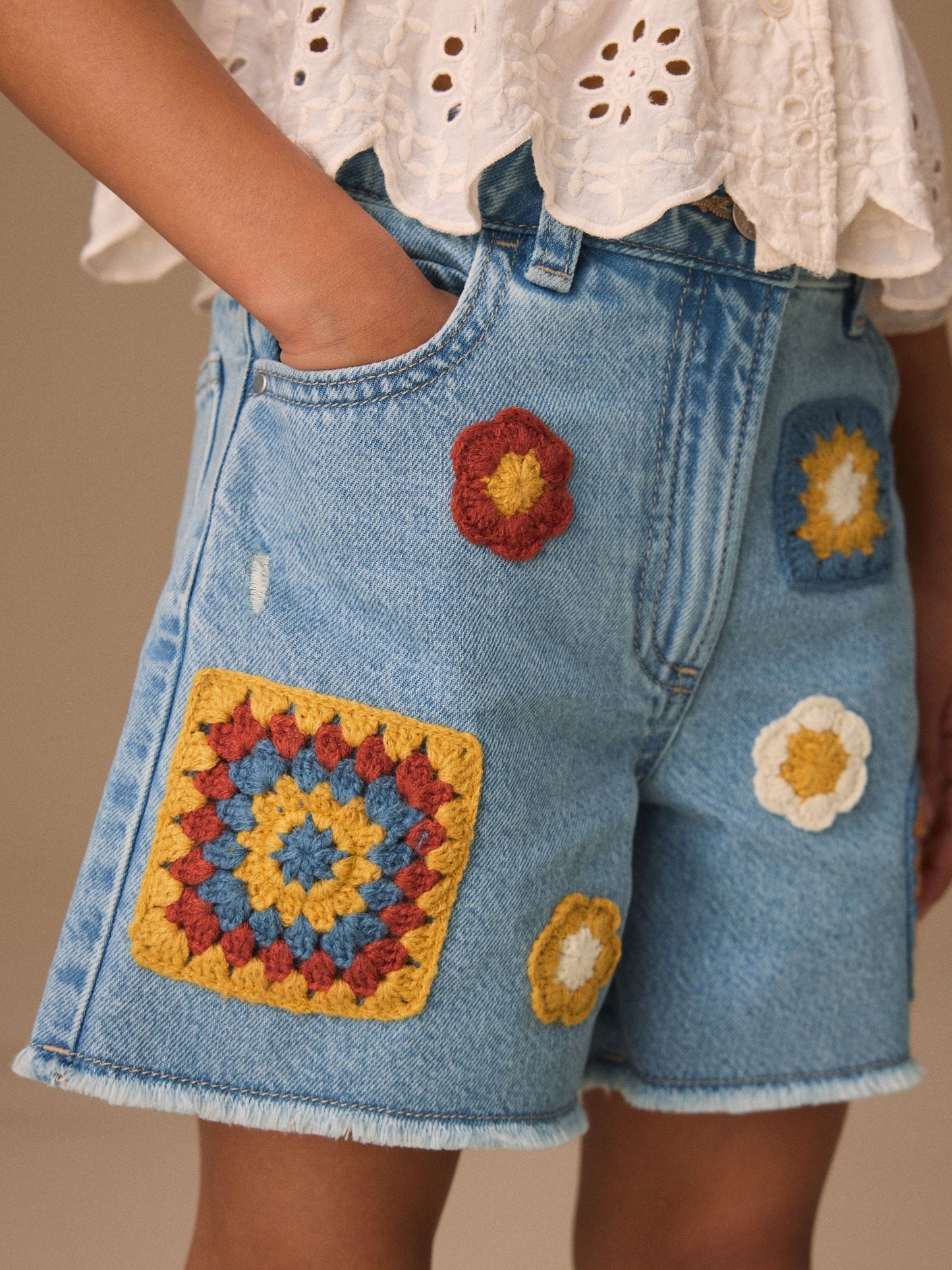 Dsiney Kidz - Mid Blue Denim Crochet Applique Crochet Denim Shorts (3-16yrs) image 4