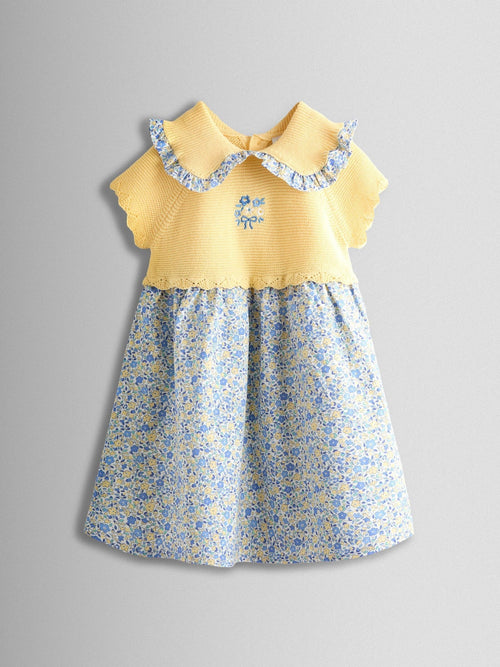 Dsiney Kidz - JoJo Maman Bébé Yellow Floral Embroidered Frill Collar Knitted Combo Dress image 1