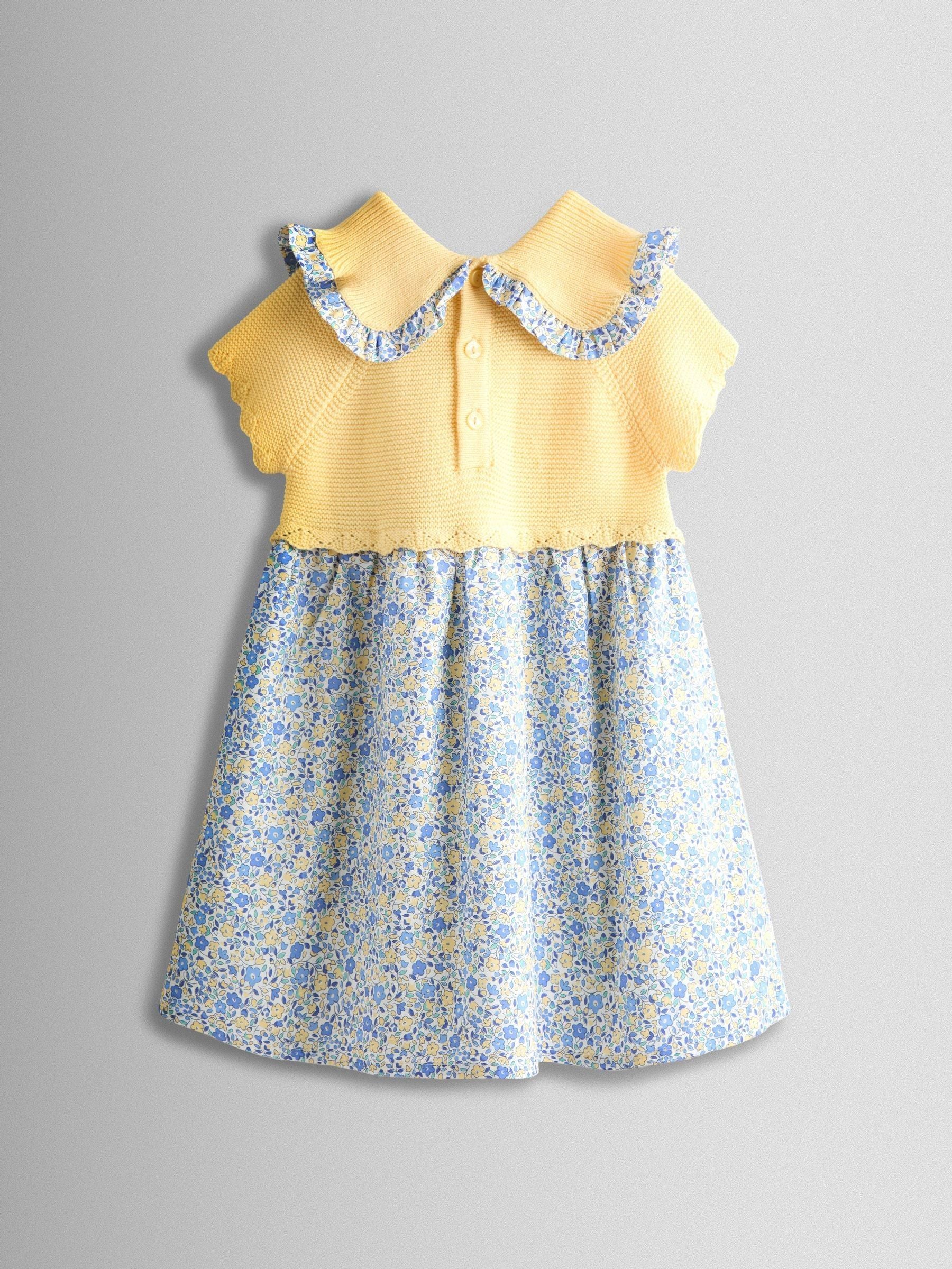 JoJo Maman Bébé Yellow Floral Embroidered Frill Collar Knitted Combo Dress image 4
