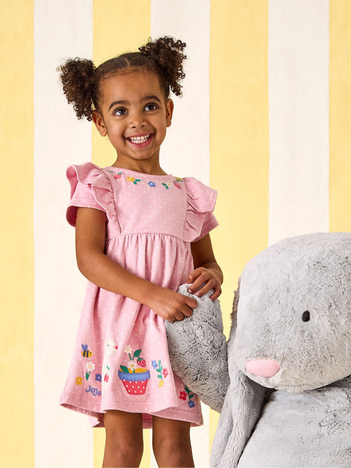 JoJo Maman Bébé Rose Pink Bunny Appliqué Ruffle Shoulder Dress image 1