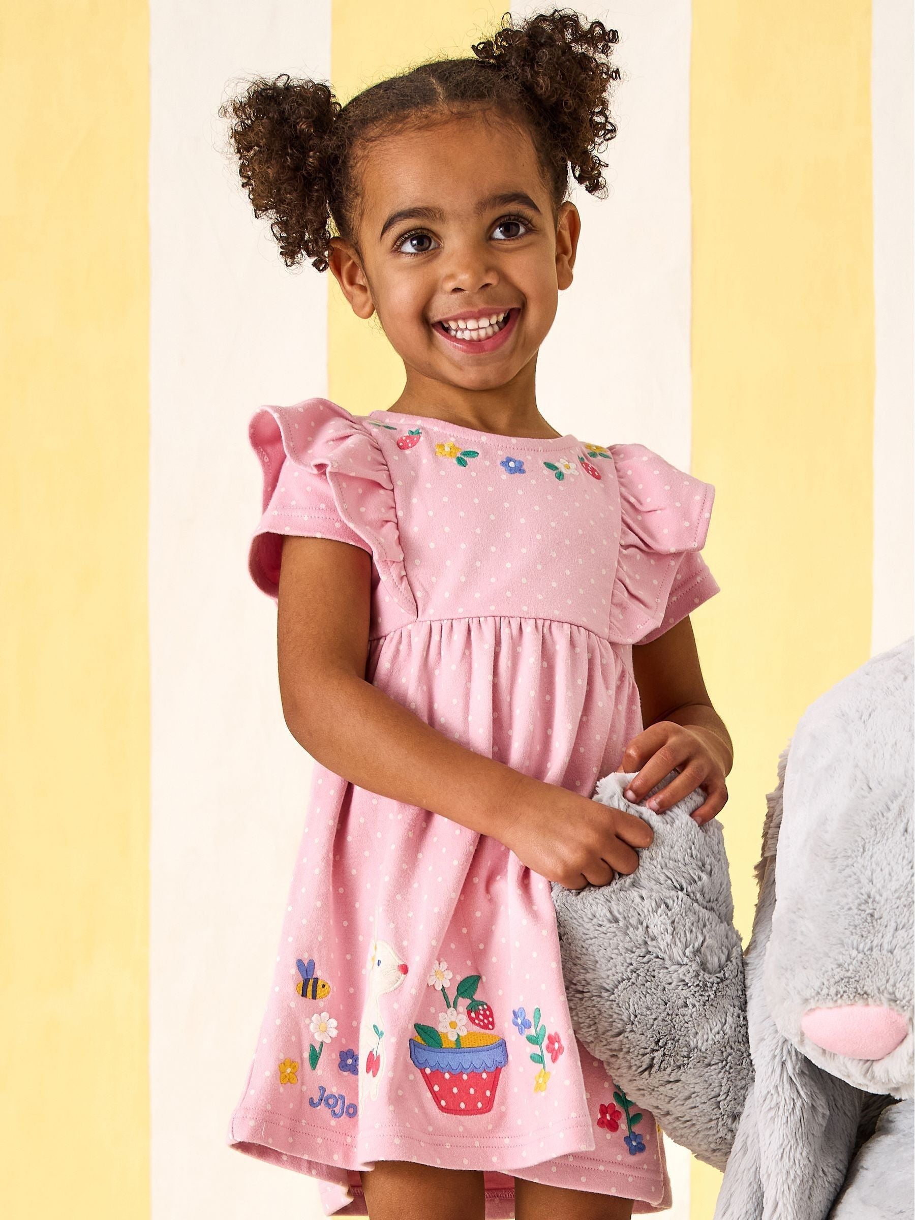 JoJo Maman Bébé Rose Pink Bunny Appliqué Ruffle Shoulder Dress image 2