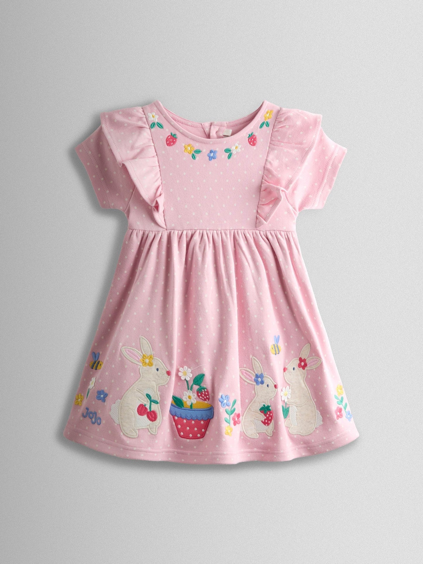JoJo Maman Bébé Rose Pink Bunny Appliqué Ruffle Shoulder Dress image 3