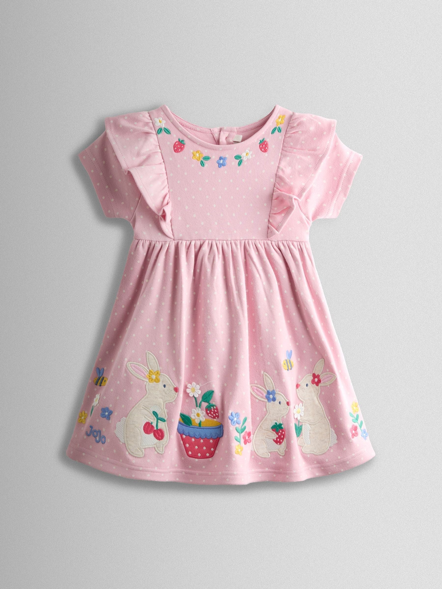 JoJo Maman Bébé Rose Pink Bunny Appliqué Ruffle Shoulder Dress image 3