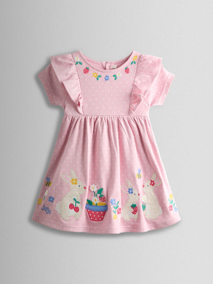 JoJo Maman Bébé Rose Pink Bunny Appliqué Ruffle Shoulder Dress image 3