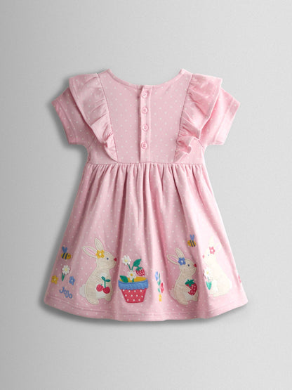 JoJo Maman Bébé Rose Pink Bunny Appliqué Ruffle Shoulder Dress image 4