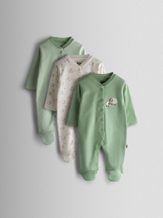 JoJo Maman Bébé Green Sheep Cotton Footed 3 Pack Sleepsuit image 1