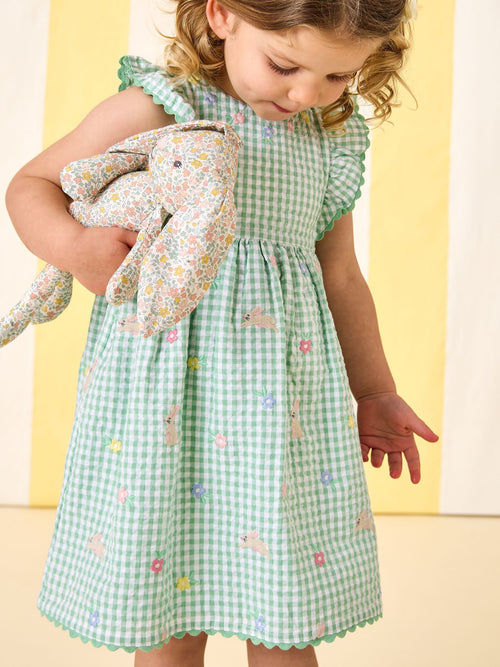Dsiney Kidz - JoJo Maman Bébé Light Green Bunny and Flower Embroidered Frill Shoulder Dress image 1