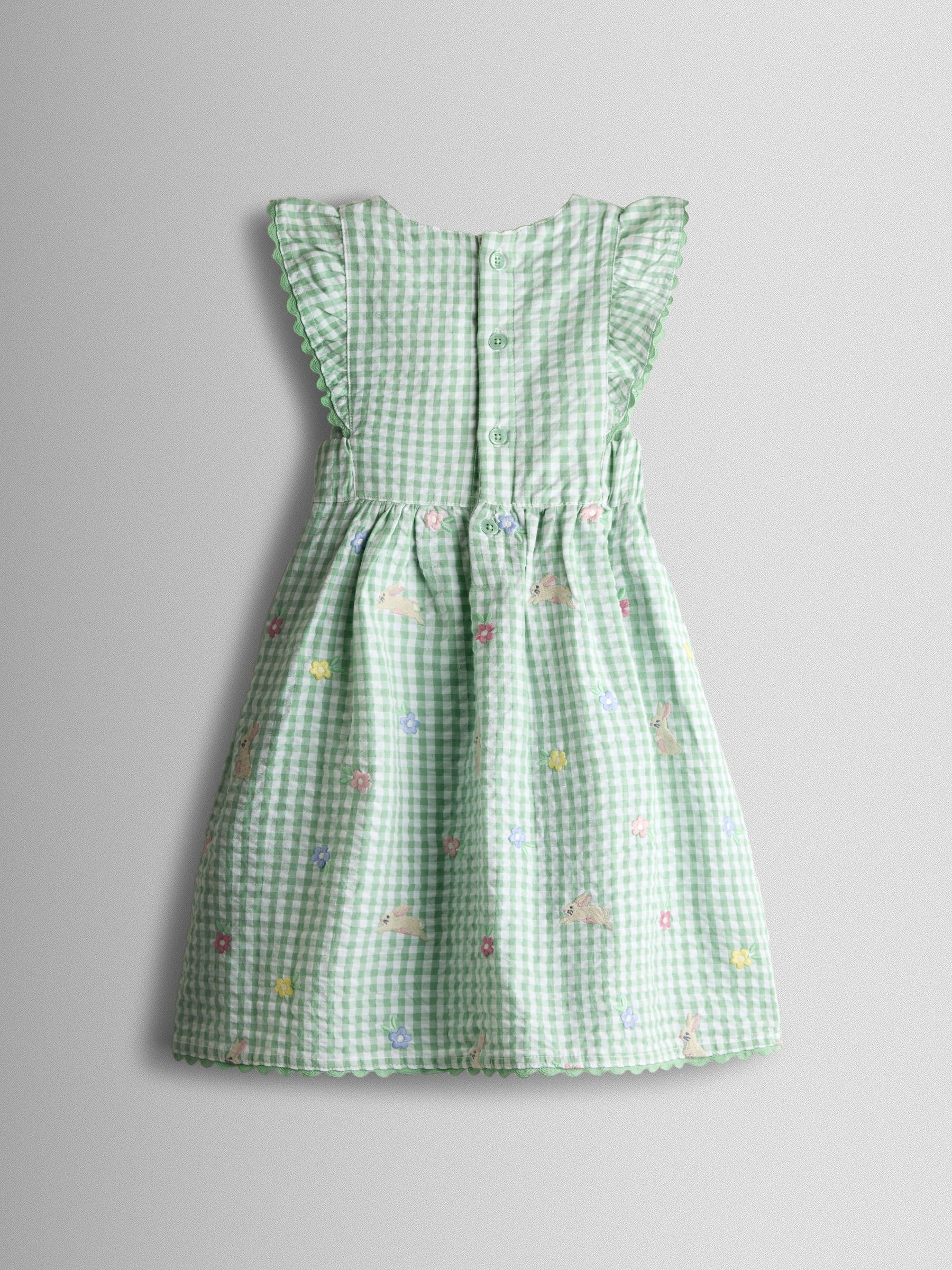 JoJo Maman Bébé Light Green Bunny and Flower Embroidered Frill Shoulder Dress image 3