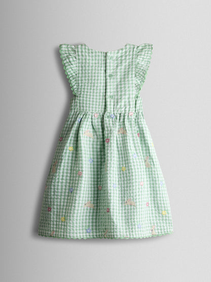 JoJo Maman Bébé Light Green Bunny and Flower Embroidered Frill Shoulder Dress image 3