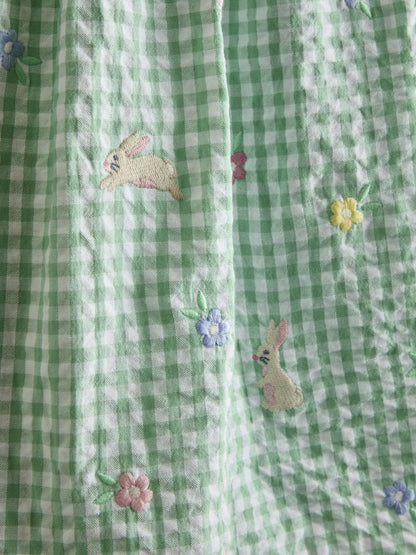 JoJo Maman Bébé Light Green Bunny and Flower Embroidered Frill Shoulder Dress image 4