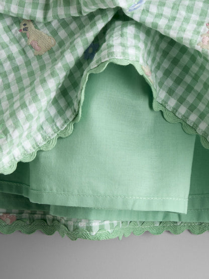 JoJo Maman Bébé Light Green Bunny and Flower Embroidered Frill Shoulder Dress image 5