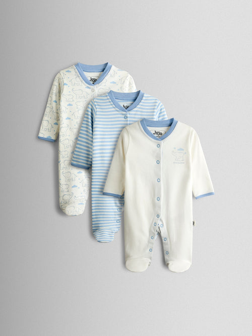 JoJo Maman Bébé Blue Elephant Cotton Footed 3 Pack Sleepsuit image 1