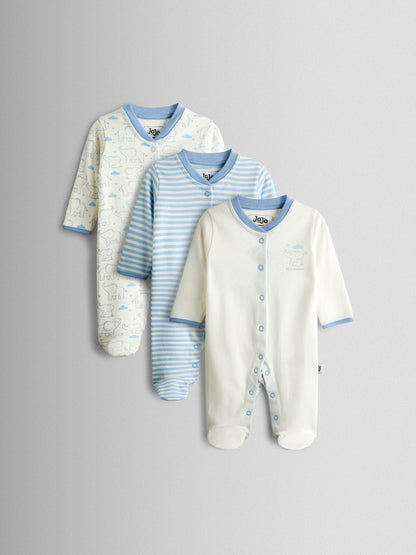 JoJo Maman Bébé Blue Elephant Cotton Footed 3 Pack Sleepsuit image 1