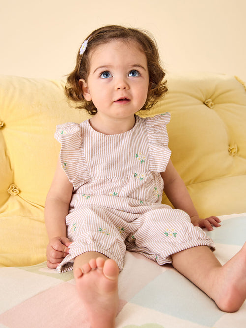 JoJo Maman Bébé Natural Frill Shoulder Embroidered Romper image 1