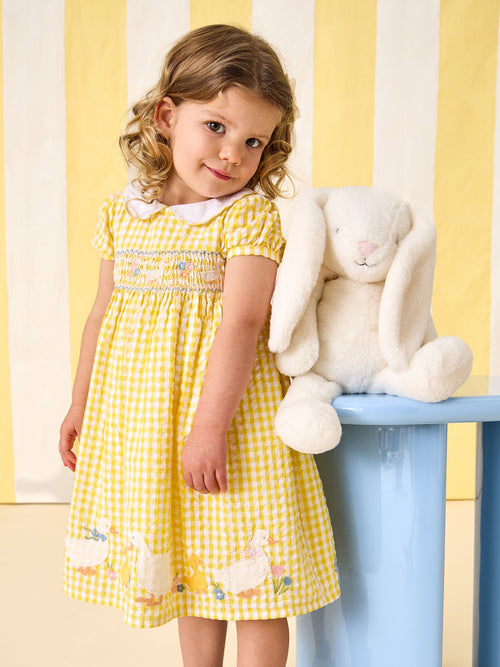 JoJo Maman Bébé Yellow Duck Appliqué Smocked Dress image 1