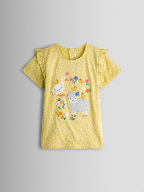 JoJo Maman Bébé Yellow Lamb Appliqué Frill Shoulder T-Shirt image 1