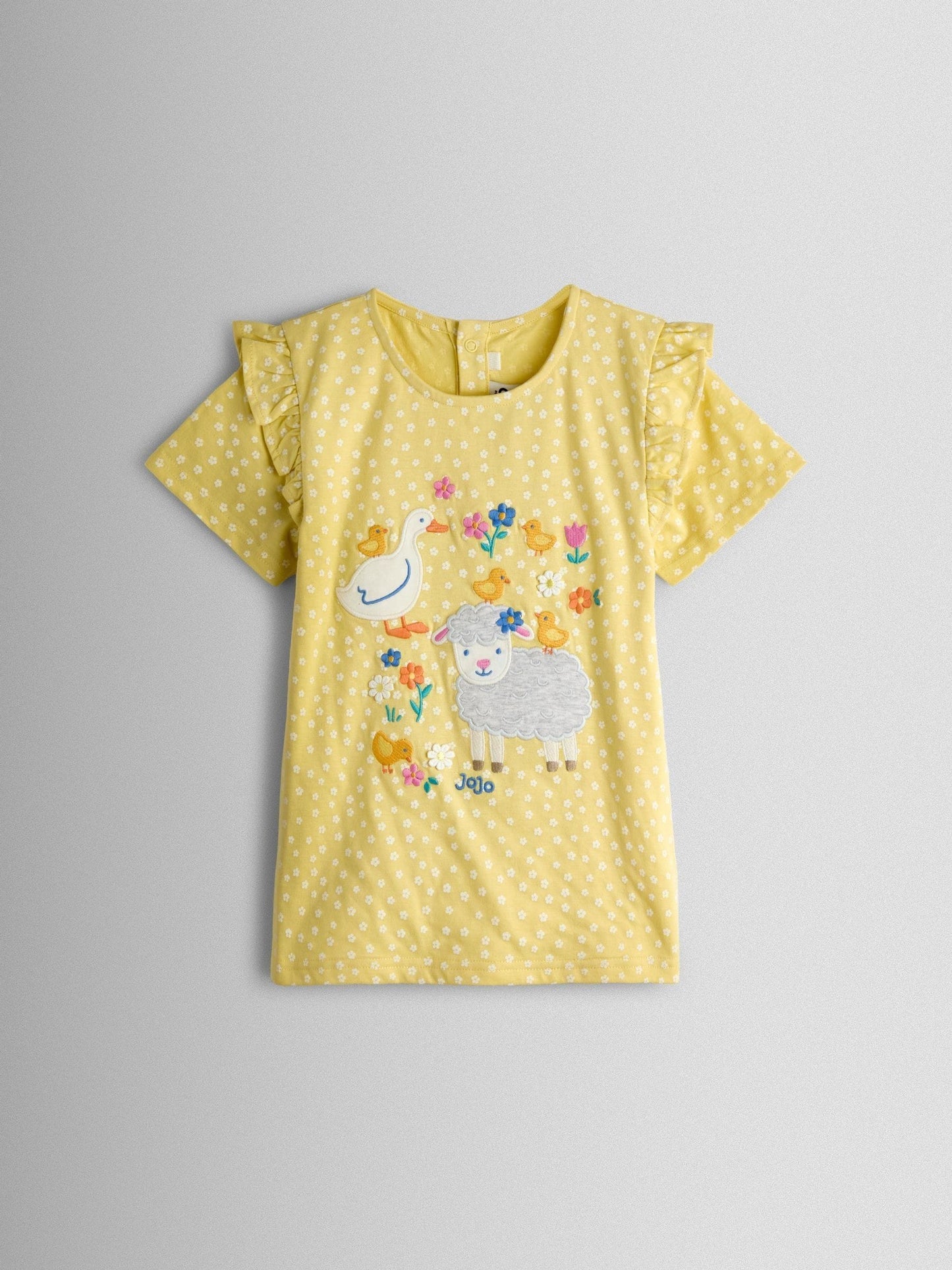 JoJo Maman Bébé Yellow Lamb Appliqué Frill Shoulder T-Shirt image 1