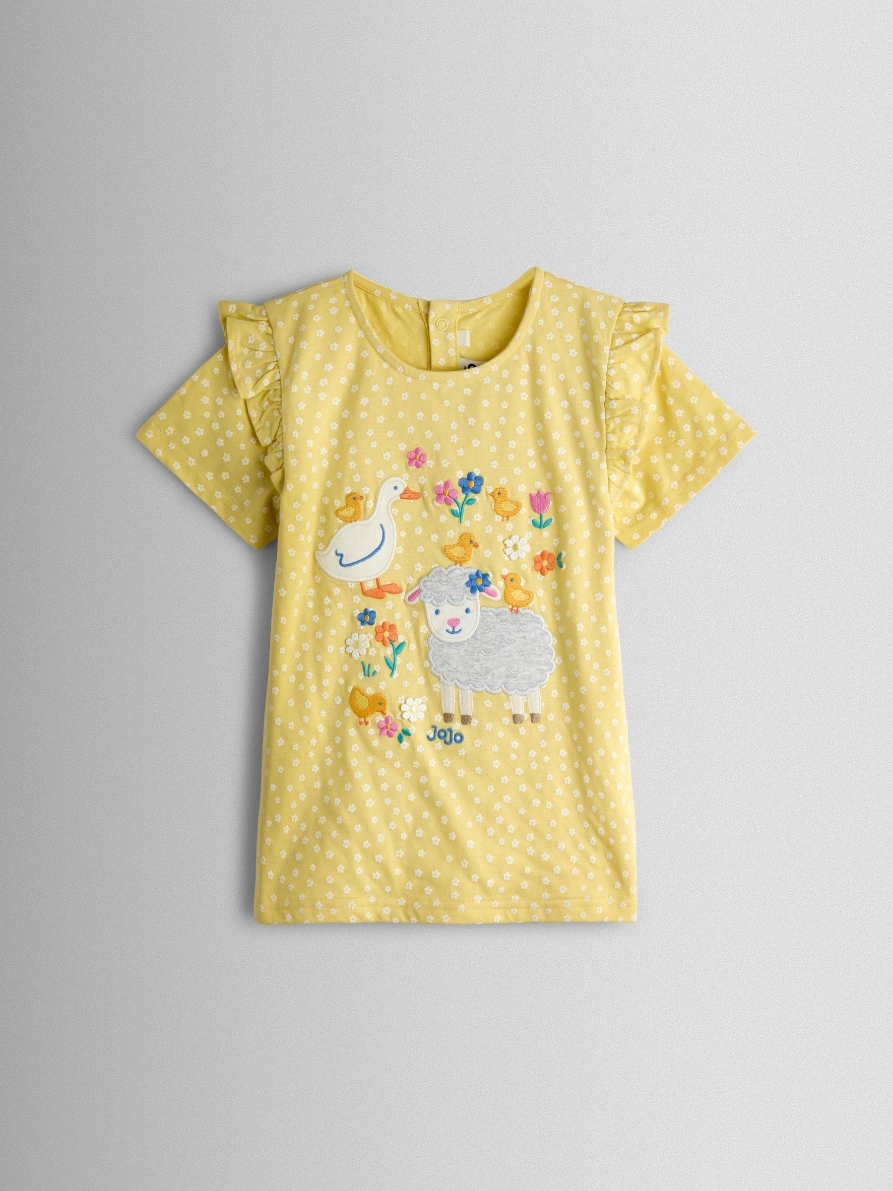 JoJo Maman Bébé Yellow Lamb Appliqué Frill Shoulder T-Shirt image 1