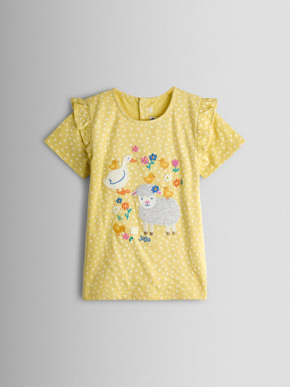 JoJo Maman Bébé Yellow Lamb Appliqué Frill Shoulder T-Shirt image 1