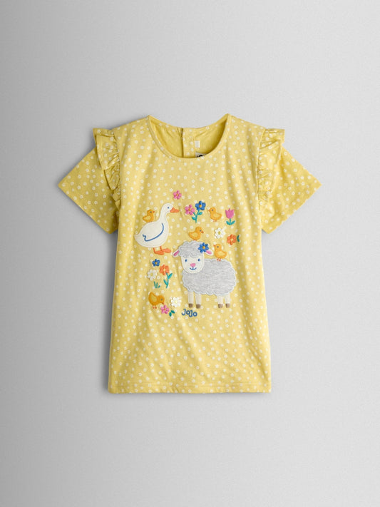 JoJo Maman Bébé Yellow Lamb Appliqué Frill Shoulder T-Shirt image 1