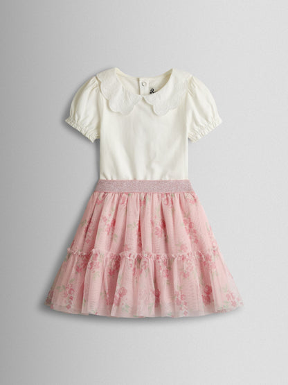 JoJo Maman Bébé Rose Pink Broderie Collar T-Shirt & Printed Tulle Skirt Set image 1