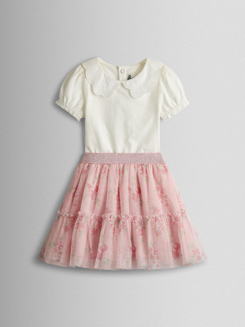 JoJo Maman Bébé Rose Pink Broderie Collar T-Shirt & Printed Tulle Skirt Set image 1