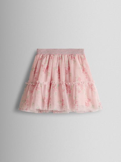 JoJo Maman Bébé Rose Pink Broderie Collar T-Shirt & Printed Tulle Skirt Set image 4