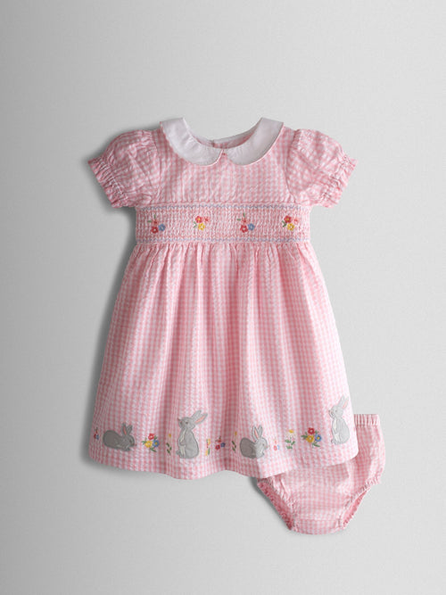 JoJo Maman Bébé Light Pink Bunny Appliqué Smocked Dress image 1