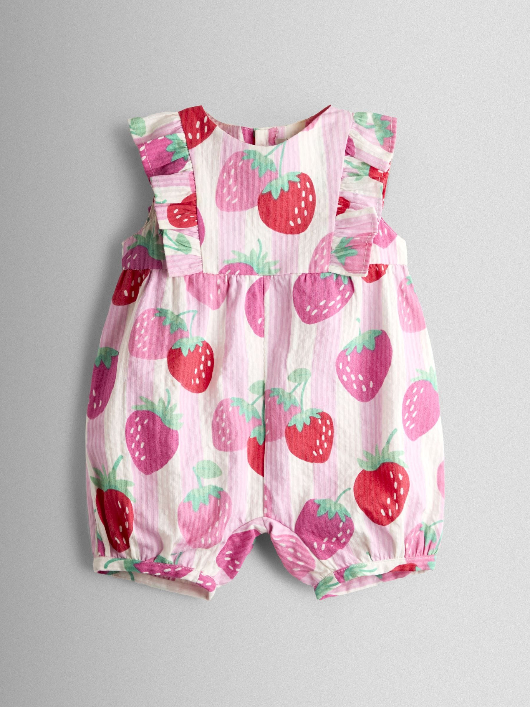 JoJo Maman Bébé Pink Strawberry Ruffle Shoulder Romper image 1