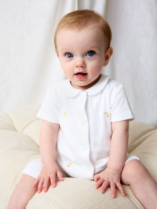 JoJo Maman Bébé White Duck Embroidered Organic Cotton Short Sleeve Sleepsuit image 1