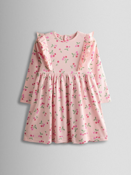 JoJo Maman Bébé Pink Cherry Frill Long Sleeve Rib Dress image 1