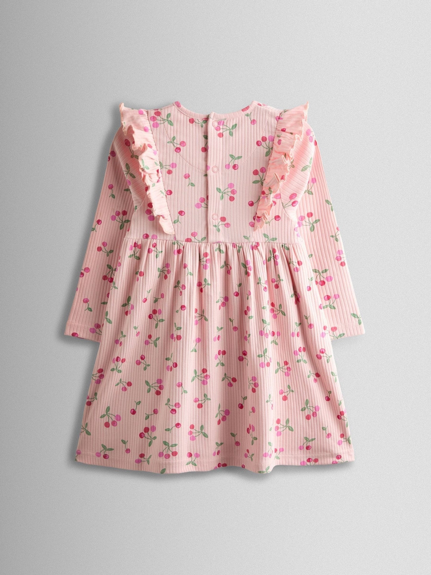JoJo Maman Bébé Pink Cherry Frill Long Sleeve Rib Dress image 2