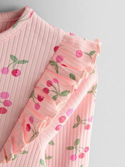JoJo Maman Bébé Pink Cherry Frill Long Sleeve Rib Dress image 3