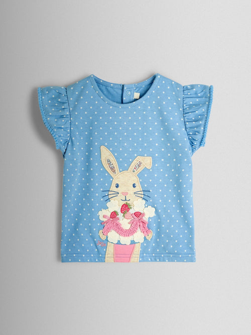 JoJo Maman Bébé Blue Bunny & Cake Applique Frill Shoulder T-Shirt image 1
