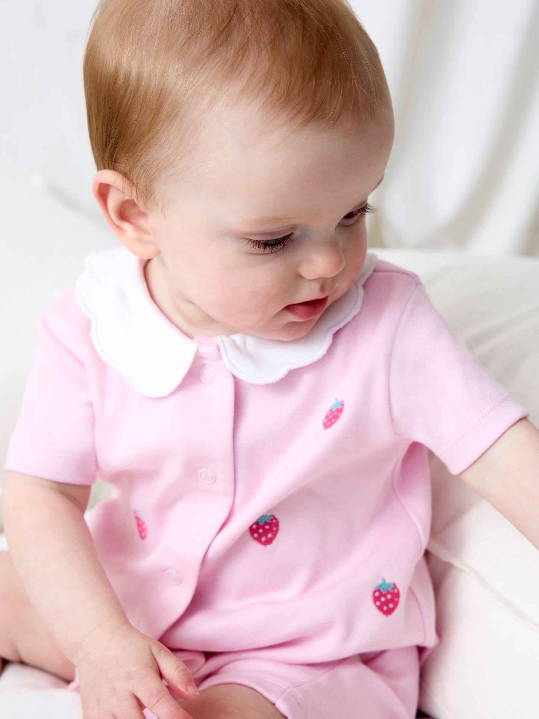 JoJo Maman Bébé Pink Strawberry Embroidered Organic Cotton Short Sleeve Sleepsuit image 1