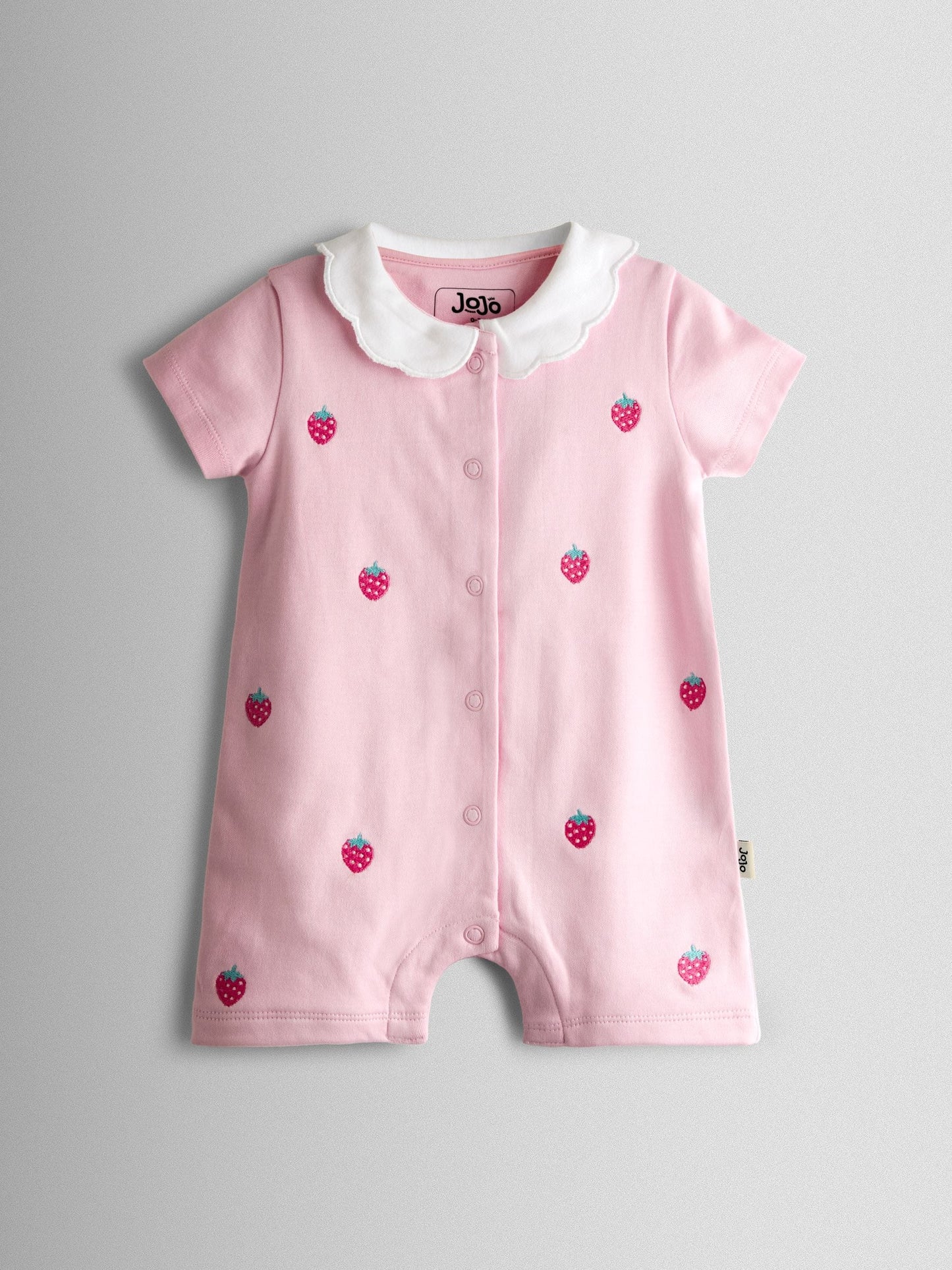 JoJo Maman Bébé Pink Strawberry Embroidered Organic Cotton Short Sleeve Sleepsuit image 2