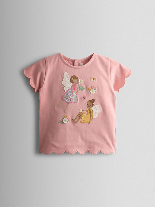 JoJo Maman Bébé Pink Fairy Appliqué Scalloped T-shirt image 1