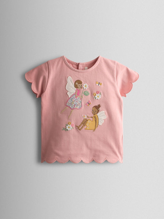 JoJo Maman Bébé Pink Fairy Appliqué Scalloped T-shirt image 1