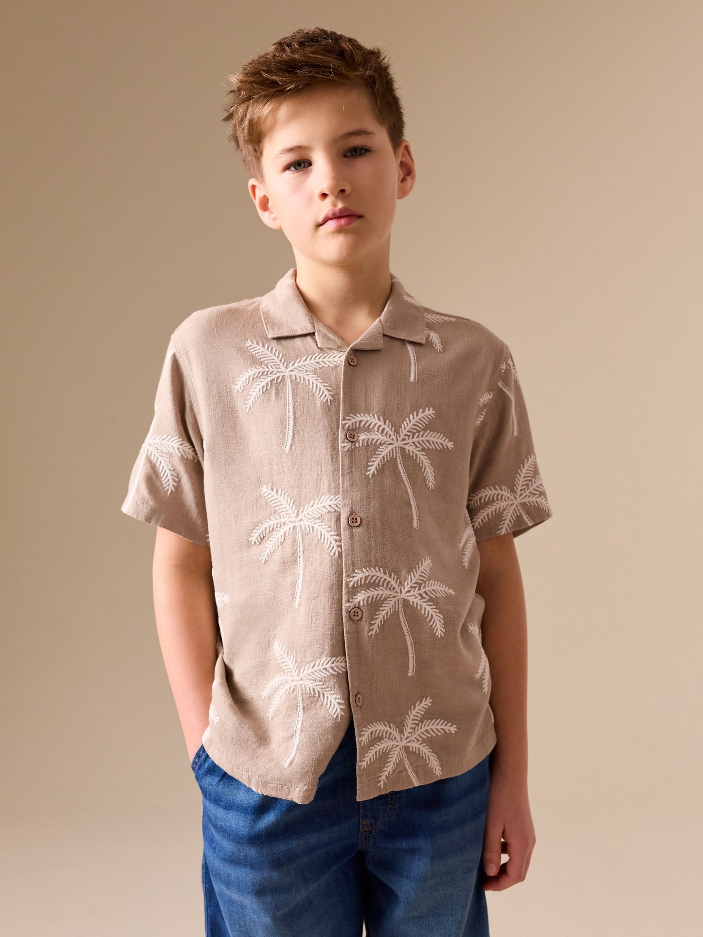 Dsiney Kidz - Taupe Brown Palm Embroidery Short Sleeve Revere Collar Shirt (3-16yrs) image 1