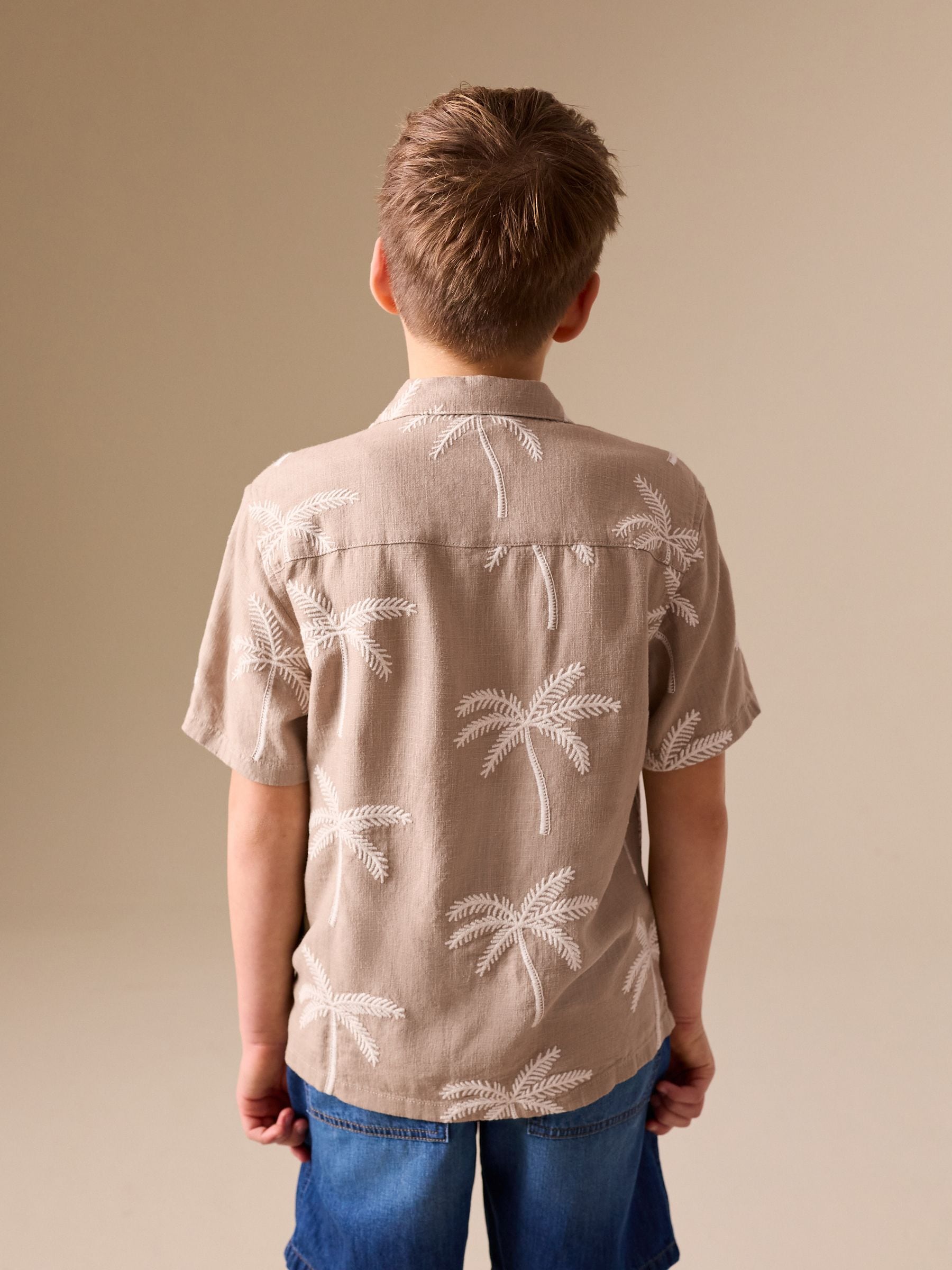 Dsiney Kidz - Taupe Brown Palm Embroidery Short Sleeve Revere Collar Shirt (3-16yrs) image 2