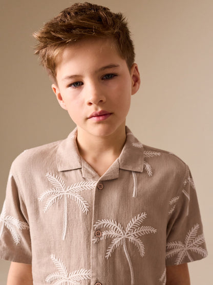 Dsiney Kidz - Taupe Brown Palm Embroidery Short Sleeve Revere Collar Shirt (3-16yrs) image 3