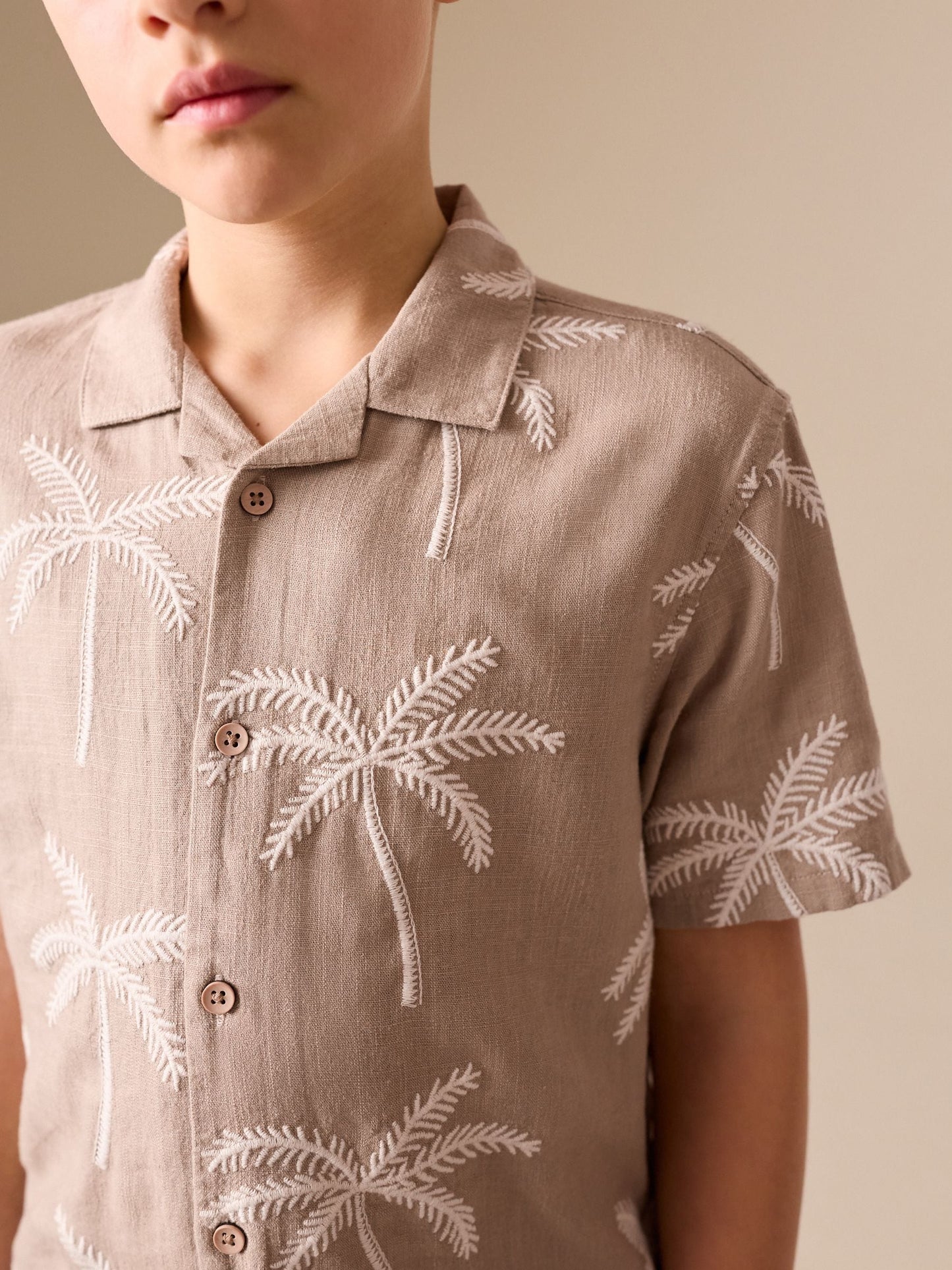 Dsiney Kidz - Taupe Brown Palm Embroidery Short Sleeve Revere Collar Shirt (3-16yrs) image 4