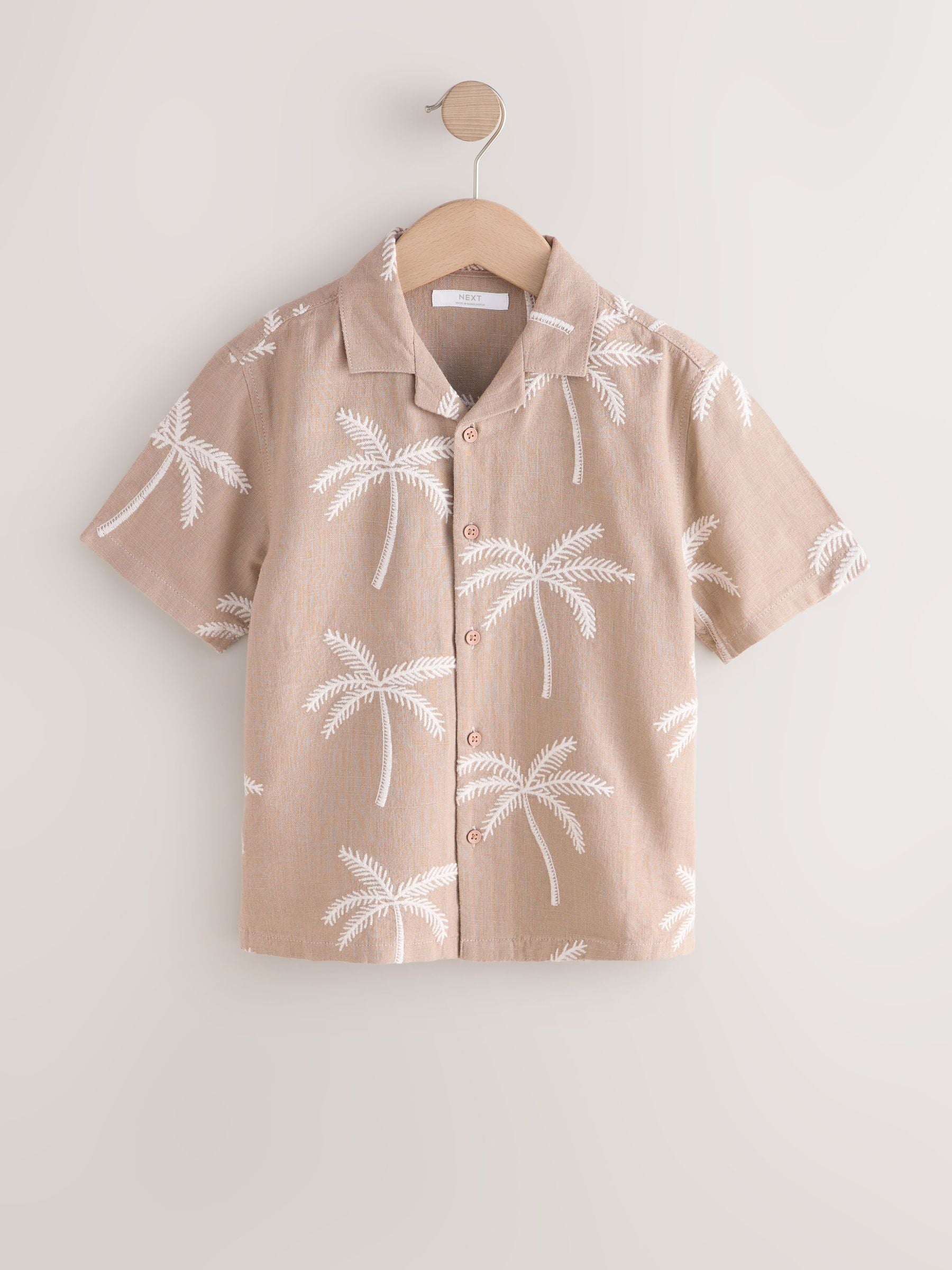 Dsiney Kidz - Taupe Brown Palm Embroidery Short Sleeve Revere Collar Shirt (3-16yrs) image 5