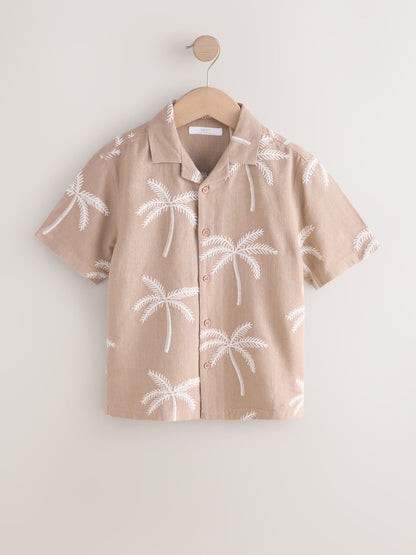Dsiney Kidz - Taupe Brown Palm Embroidery Short Sleeve Revere Collar Shirt (3-16yrs) image 5