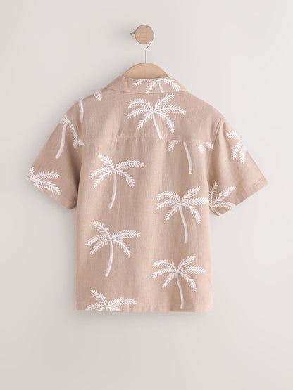 Dsiney Kidz - Taupe Brown Palm Embroidery Short Sleeve Revere Collar Shirt (3-16yrs) image 6