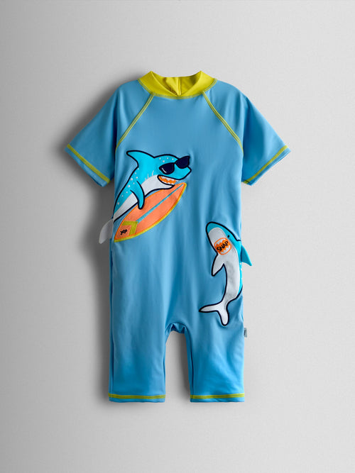 JoJo Maman Bébé Blue Shark Appliqué All-In-One Sun Protection Suit image 1