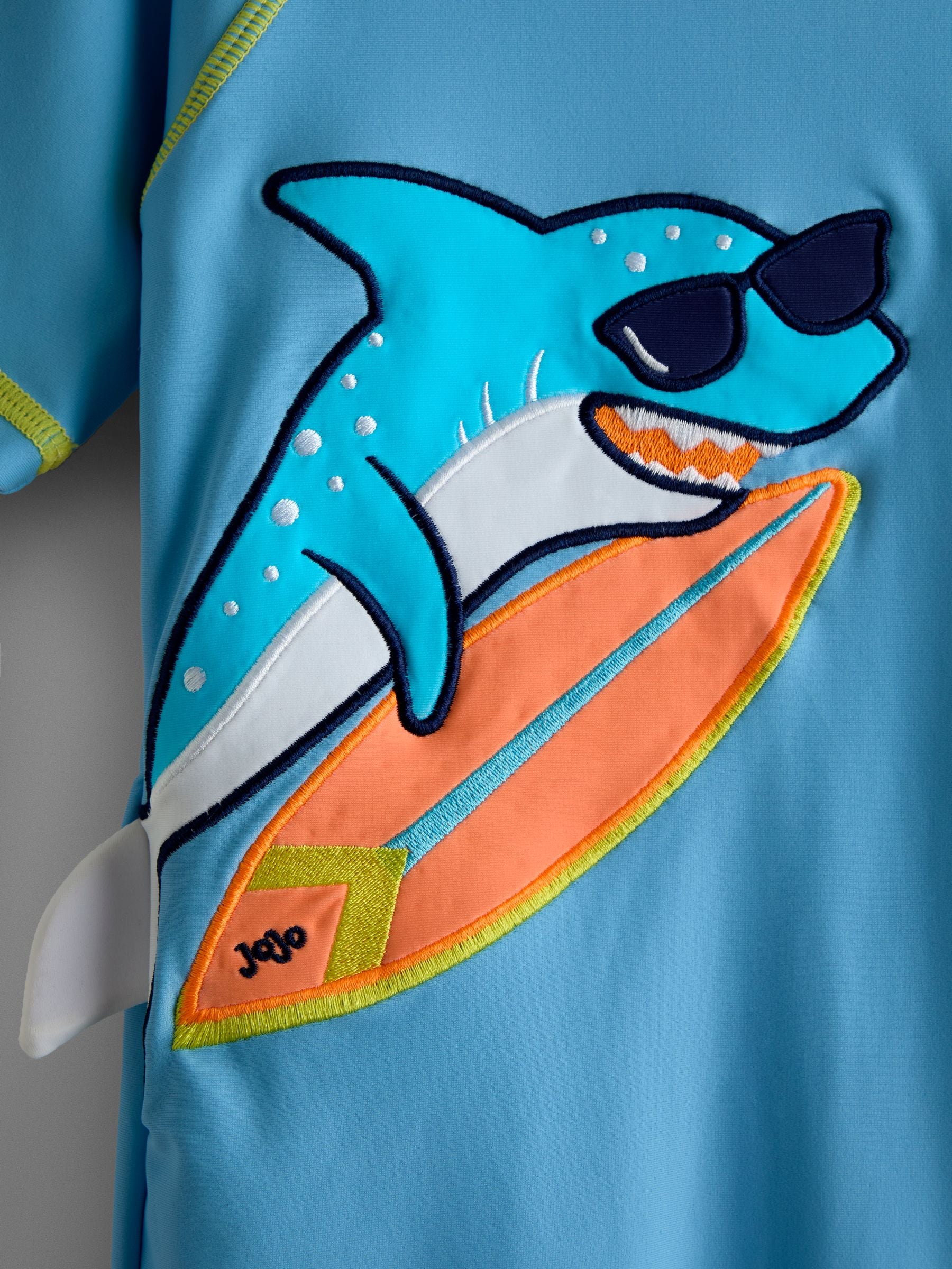 JoJo Maman Bébé Blue Shark Appliqué All-In-One Sun Protection Suit image 3